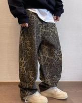Unisex Tan Leopard Džinsai Džinsiniai Kelnės Moterims Oversize Plačių Kojų Kelnės Gatvės Stilius Hip Hop Vintažiniai Laisvi Kasdieniai Gyvūnų Raštas S