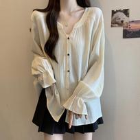 Plus Size Ruffle V-Neck Long-Sleeve Top with Flare Sleeves for Women - Elegant Loose Fit, Belly Covering, Perfect for Spring & Autumn 4XL (Recommended 150-165 jin) abrikosas