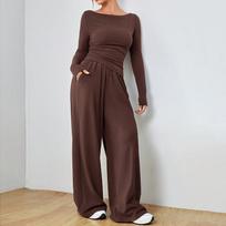Loose Fit Women's Wide-Leg Pants Two-Piece Set - Soft, Stylish, Irregular Design XXL kava