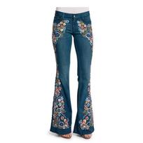 Women's Slimming Embroidered Flare Denim Jeans - European & American Style Small tamsiai mėlyna spalva
