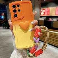 Silicone Love Heart Gradient Color Wrist Strap Case Lanyard Cover Holster for Samsung for Galaxy S23 S24 S25 Ultra S22 S21 Plus For Samsung S24 oranžinė