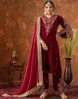 Moterų Bollywood aksominis salwar kostiumas, siuvinėtas paruoštas suknelės komplektas su dupatta, tradicinis indų aprangos palazzo rinkinys M raudona