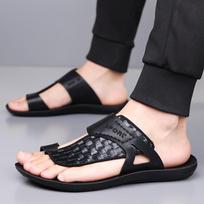 Men Flip Flops Black Leather Slippers Flats Summer White Outdoor Brown Open Toe Wide Head Beach Shoes Plus Size EU:45 juoda