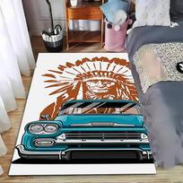 Retro Style Carpet with Blue Vintage Car and Native American Chief Suitable for use as an anti-slip for living room bedroom sofas 40x60cm( 15x23in )