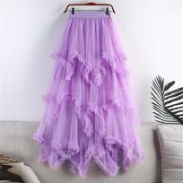 Tutu Tulle Long Skirt for Women Summer Korean Aesthetic Cute Irregular Mesh High Waist Maxi Skirt Female One Size violetinė