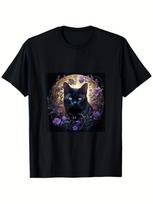 Vintage Graphic 100 Cotton TShirt Black Cat With Moon And Flowers Autumn L