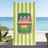 Sardine Can Beach Towel Retro Green Striped Fish Print Quick Dry Microfiber Sandproof French Vintage Gift 50x100cm