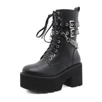 Sexy Chain Goth Platform Chunky Heel Motociklo Batai Moteriški Juodi Gothic Punk Patogūs Batai Vidurio Blauzdos sagtimi 42 juoda