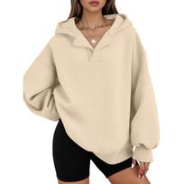 Women's Casual V-neck Pullover Long-sleeve Solid Color Fleece-lined Hooded Sweatshirt Top L smėlis