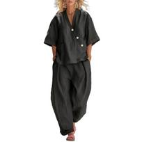 Women 2 Piece Outfits Casual Button Short Sleeve V Neck Top And Long Pants Lounge Set with Pockets Summer Loose Matching Sets XL