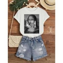 Mona Lisa in Black and Enjoying A Lollipop Print T-Shirt, Short-Sleeved Crew Neck Casual Top for Summer and Spring S balta