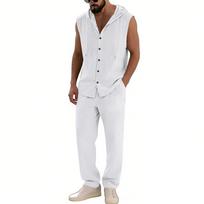 Mens Loose Casual Hooded Sleeveless Shirt Long Pants Linen Vacation Set S balta