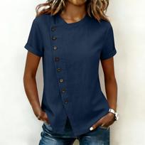 Women Summer Linen Cotton Short Sleeve Loose Fit Blouse Asymmetric Button Round Neck Casual Top Lightweight Breathable Shirt M