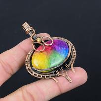 Rainbow Solar Quartz Gemstone Pure Copper Wire Wrapped Handmade Pendant Jewelry 2.83 Inches žalia