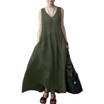 Women's Summer Cotton Linen Maxi Dress Casual V Neck Sleeveless Tank Dress Flowy M armijos žalia spalva