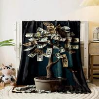 A potted tree with branches covered in dollar bills and a dark figure. for all seasons blanket lunch break throw gift 80cm x 120cm