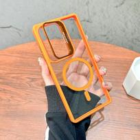For Magsafe Magnetic Solid Color Lens Bracket Phone Case For Samsung S25 Ultra S23 S22 S24 Ultra Plus Acrylic Transparent Cover Galaxy S24 FE oranžinė