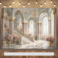 Dreamy Castle Ballroom Backdrop, Ornate Gold & Pastel Architecture Photo Banner for Events 47.2x31.5inch/120*80cm