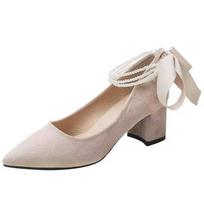New spring pointed pearl with black high heel single shoes French gentle temperament medium heel thick heel 34 abrikosas