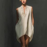 Women's Mandarin Collar V Neck Sleeveless Embroidered Tunic Dress Casual Loose Fit Mini Dress XS