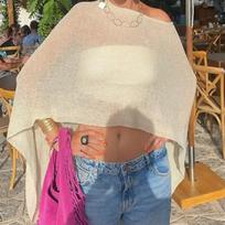 Women Y2k Irregular  Sun Protection Shirt Knitted Cover-ups Crop Tops See-through Solid Irregular Loose Pullover Summer Boho Beach T-shirts One Size smėlis