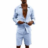 Men American Style Casual Loose Linen Long Sleeve Shirt Shorts Vacation Two Piece Set S mėlyna