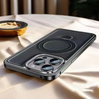 Prabangus metalinio rėmo magnetinis stovas telefono dėklas, skirtas iPhone 16 15 14 Pro Max Magsafe belaidžiam įkrovimui, anglies pluošto tekstūros galinis dangtelis For iPhone 16 Pro Max juoda