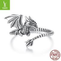 S925 Sterlingo Sidabro Feilong Atviras Žiedas Vyrams ir Moterims, Retro Trimatės Vidutinio ir Senovinio Stiliaus Reguliuojamas Žiedas Opening adjustable