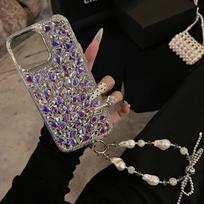 Prabangus dėklas iPhone 17 Pro Max 13 14 11 15 16 Pro Max, blizgantis, stilingas deimantinis telefono dėklas su dirželio laikikliu, strasų dėklas Case & Strap&For iPhone 13 rožinė