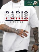 Men 100% Cotton Paris France Print T-shirt Oversized Casual Summer Streetwear Tee S