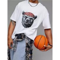 Bear Head Bandana T Shirt White Bear with Red Skull Bandana and Cigar Graphic Streetwear Casual Wear S įvairiaspalvis