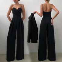 Pavasaris Vasara Laisvas Plati Koja Ilgas Kombinezonas Moteriškas Vienspalvis Drapiruotas Lieknas Jumpsuit Moterims Elegantiškas Aukštas Juosmuo Petnešėlė Vienspalvis Vienas Gabalas Romperis S juoda