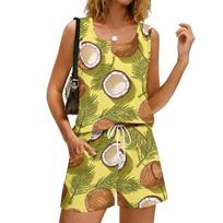 Women's Summer Casual Floral Print Tank Top and Shorts Set Sleeveless Square Neck Sporty Outfit with Pockets Lightweight Two Piece XL