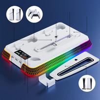 Multi-Functional Vertical RGB Cooling Stand for PS5/PS5 Slim/PS5 Pro – with Controller Charging Dock, Headset Hook & USB Port