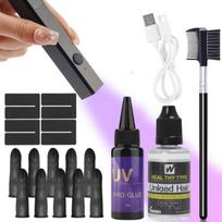 UV Lempos Plaukų priauginimo rinkinys - Rinkinį sudaro: UV lempa, 30 g UV plaukų klijų, 30 ml klijų valiklio, UV apsaugos skydelis, Pirštų movos, Ilgalaikiai rezultatai A set