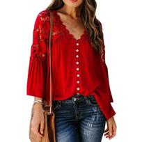 Women Blouse Solid Color Lace Pullover Flare Sleeve V Neck Top See Through Back Large Hem Shirt for Daily Wear M raudona