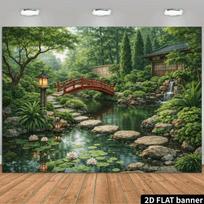 2D Tradicinis japoniškas sodas Fonas Zen tvenkinys ir žaluma Fono audinys 47.2x31.5inch/120*80cm gray