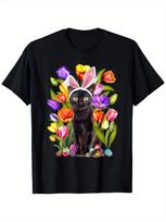 Vintage Graphic 100 Cotton TShirt Black Cat With Bunny Ears And Flowers Spring L