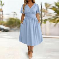 Women V Neck Short Sleeve Waist Pleated Flare Sleeve Midi Dress Solid Color Casual Fit for Daily Office Party Wear XXL