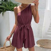 Solid Color One Shoulder Casual Daily Vacation One Piece Romper Shorts S fuksija