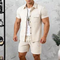 Men Casual Loose Lapel Short Sleeve Shirt And Shorts Two Piece Set M abrikosas
