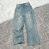 KOSY High Waist Wide Leg Printed Jeans Women Causal Retro Loose Korean Jeans Streetwear Denim Pants S mėlyna