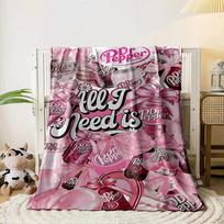 Pink-themed Dr Pepper branding covered with bows, lettering, and cherries. for all seasons blanket lunch break throw gift 80cm x 120cm