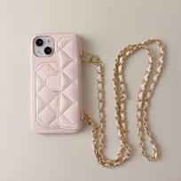 Luxurious Shockproof Crossbody Litchi Pattern Lanyard Back Cover for 17 Pro Max PC Mobile Phone Cases Card Slot Without Logo For iPhone 13&Case & Strap&Opp Bag rožinė