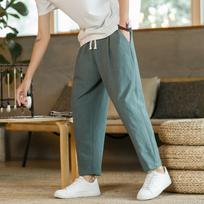 Mens Loose Solid Plus Size Straight Cropped Cotton Linen Casual Pants M žalia