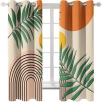 2pcs Abstract Mid Century Kitchen Curtains Boho Modern Green Leaves Geometric Minimalist Plants Sun Arch Neutral RodPocket Drape (50Wx50H)x2(CM)&Rod Pocket