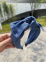 Nauja džinsinė lankelis su kaspinėliu Retro spaudyto audinio lankelis Moteriškas paprastas platus plaukų aksesuaras šviesiai mėlyna spalva