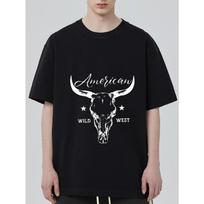 American Wild West T Shirt Black Bull Skull and Stars Print Casual Streetwear for Men and Women S įvairiaspalvis