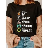 Women's Eat Sleep Anime Gaming Repeat Manga T-Shirt - Kawaii Otaku Slogan with Text & Anime Icons S juoda