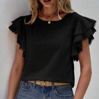 Spring Summer Ladies Fashion Solid Colour Round Neck Double Ruffle Sleeve Casual Top XXL juoda